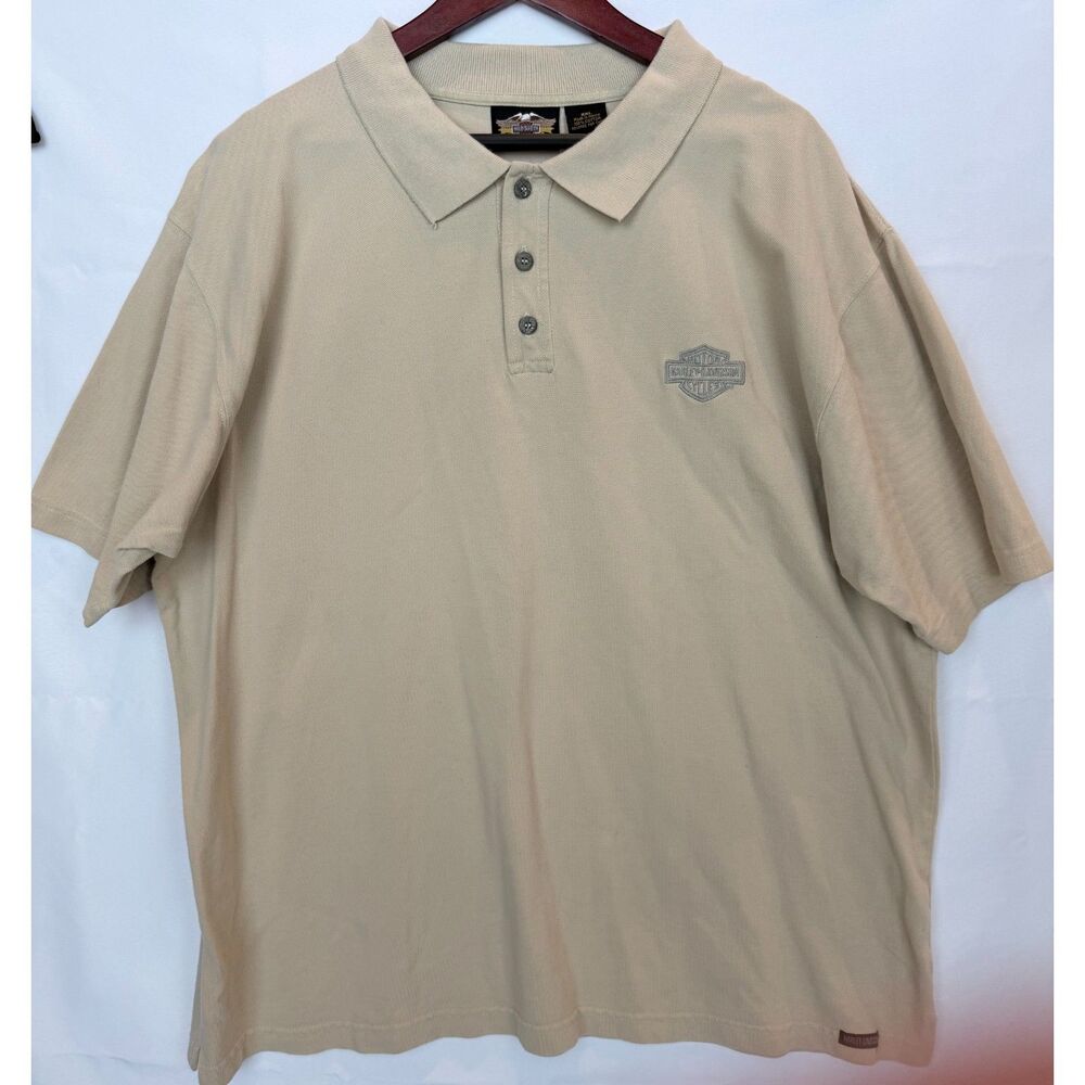 Harley Davidson Mens XXL Beige Pique Short Sleeve Polo Shirt Bar Shield Vintage